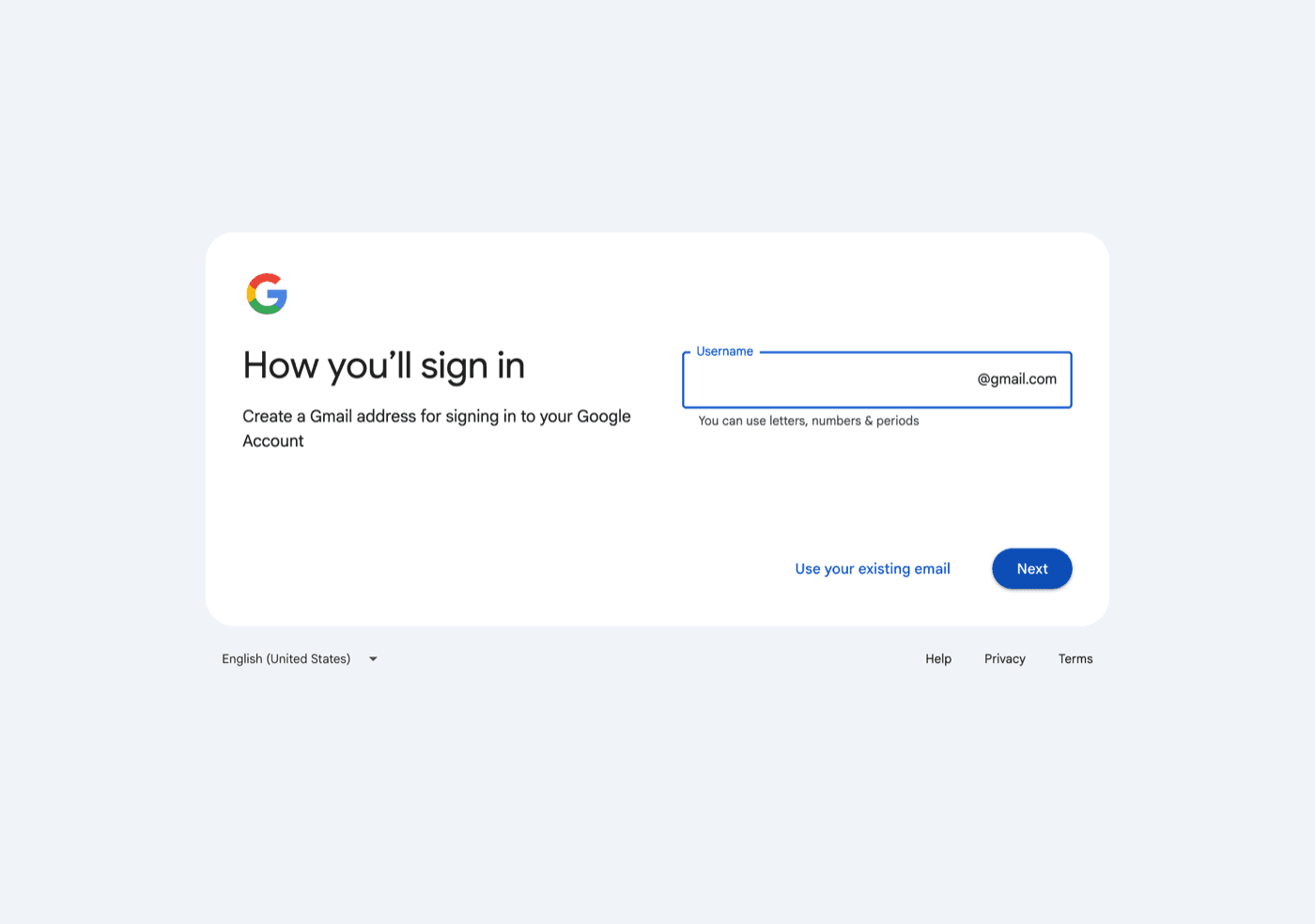 Google account creation screen showing the "Use your existing email" option