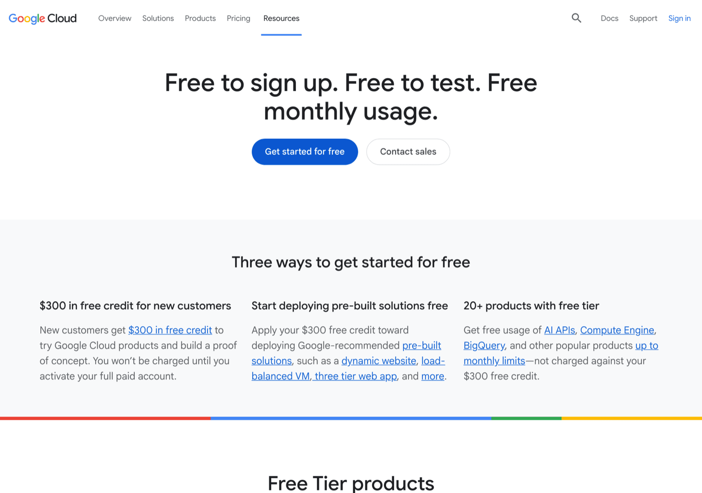 The Google Cloud free tier page: Free to sign up, free to test, free monthly usage