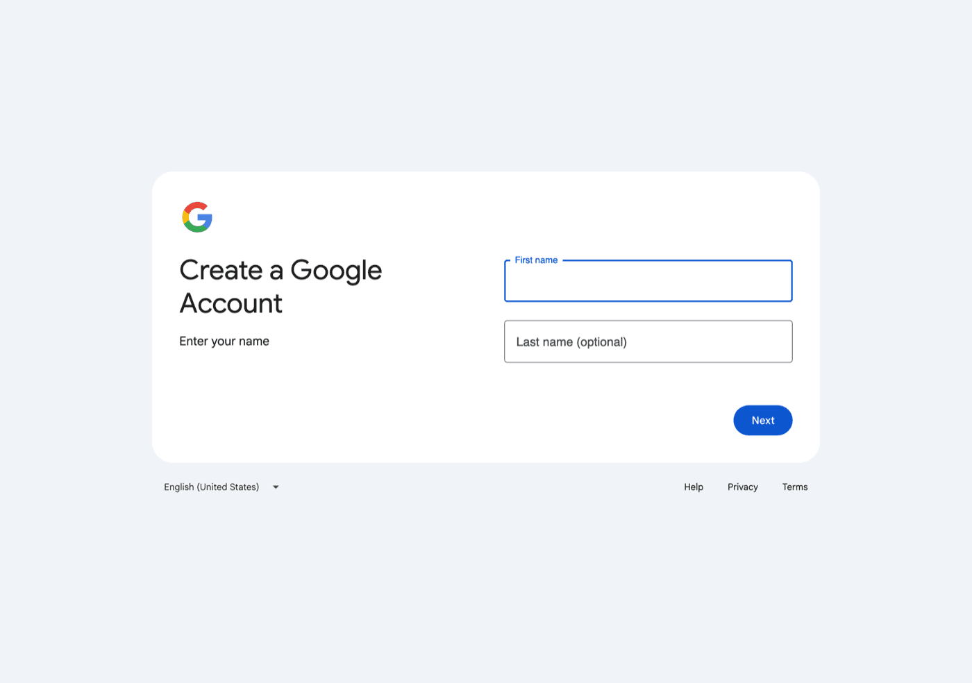 The Create a Google Account screen asking for first and last name