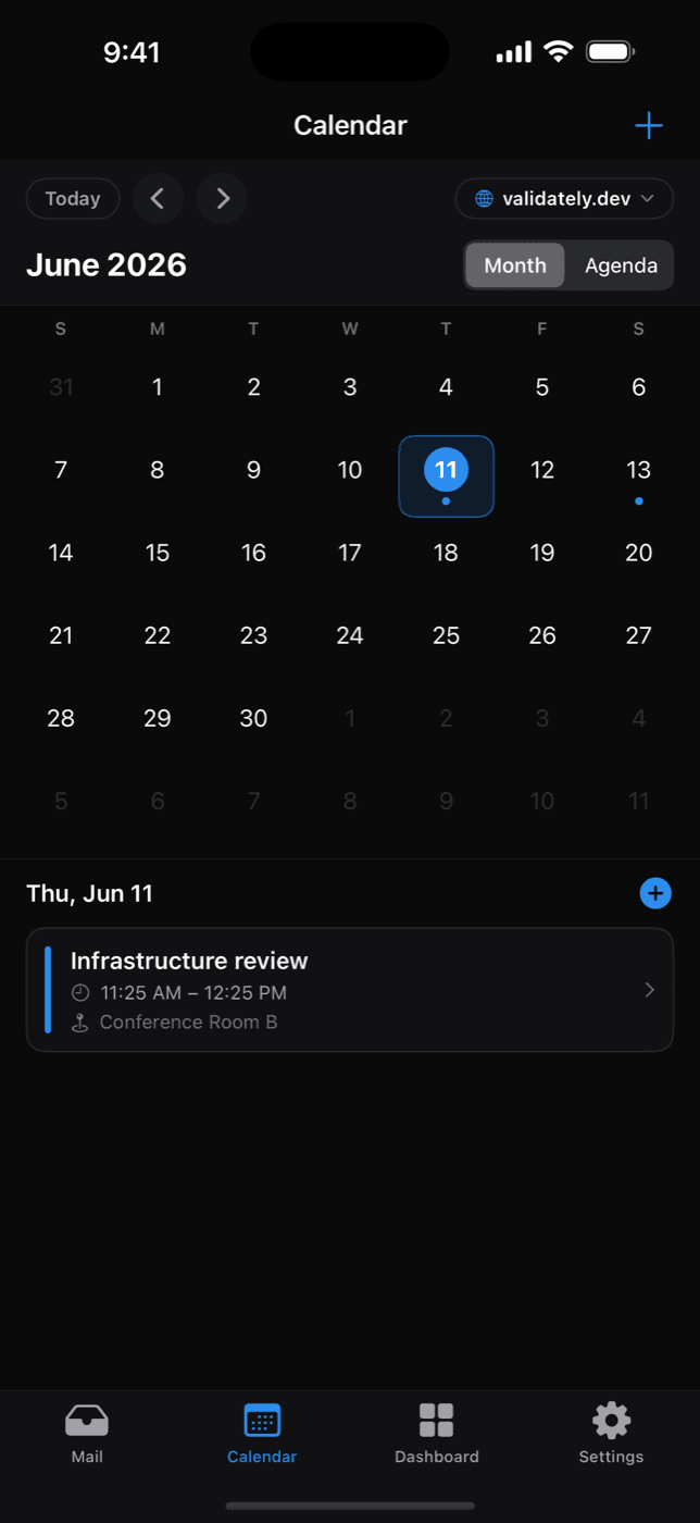 Built-in calendar in the Mailpipe iOS app