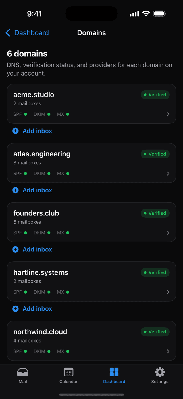 Domains dashboard in the Mailpipe iOS app with verification status