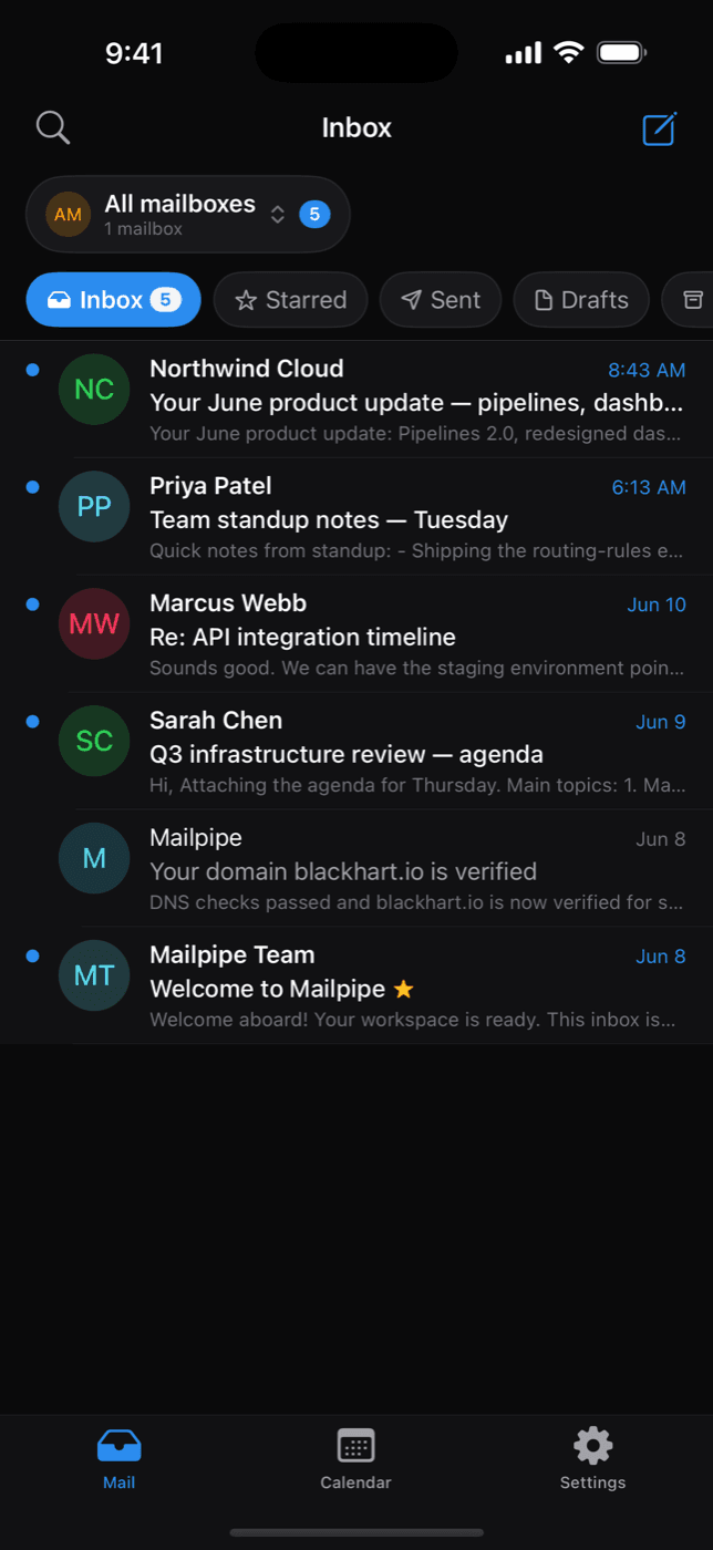 Unified inbox in the Mailpipe iOS app in dark mode