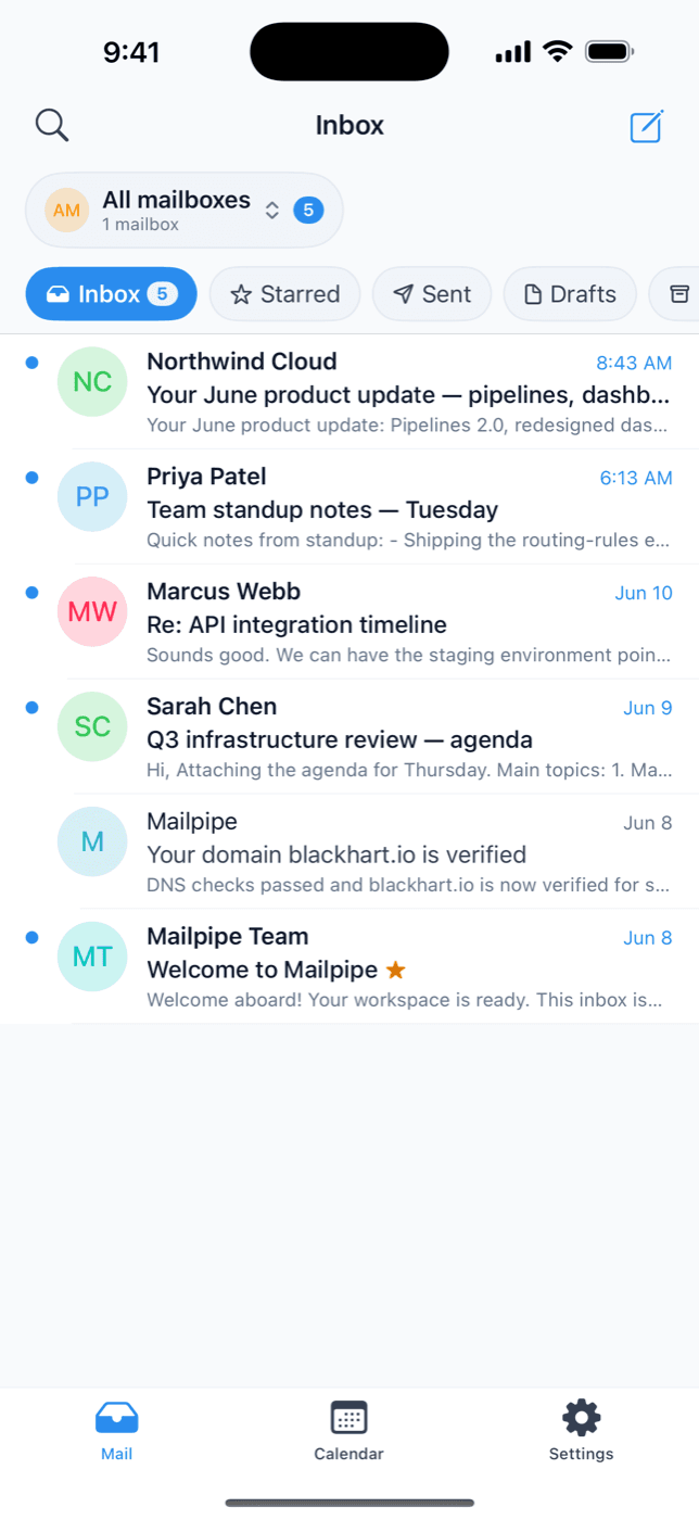 Unified inbox in the Mailpipe iOS app showing messages across all mailboxes