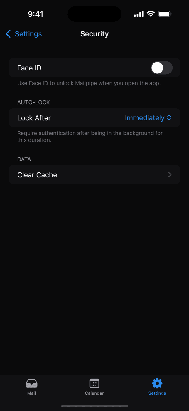 Face ID and security settings in the Mailpipe iOS app