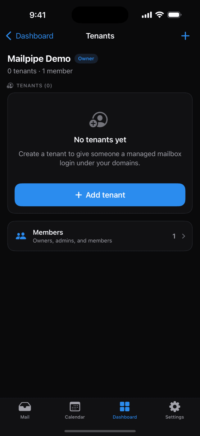 Tenant and team management in the Mailpipe iOS app